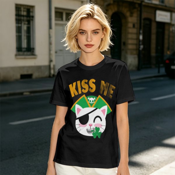 Kiss Me Pirate Cat Shamrock Graphic T-Shirt