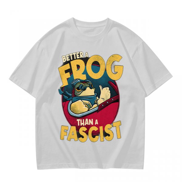 Olive graphic t-shirt with 'Better a Frog Than a Fascist' pilot frog design