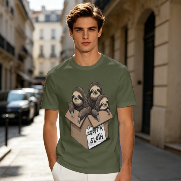 Adopt a Sloth T-Shirt with Three Cute Sloths in a Box