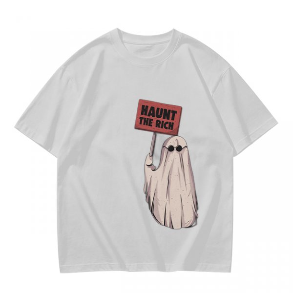 Olive T-Shirt With Ghost Holding 'Haunt The Rich' Protest Sign