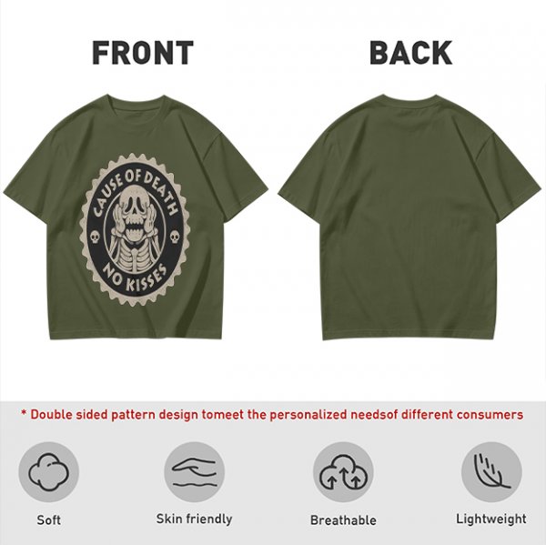 Olive T-shirt with 'Cause of Death No Kisses' Skeleton Graphic