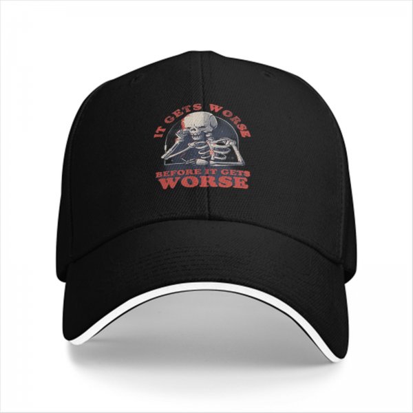Black baseball cap with 'It Gets Worse Before It Gets Worse' skeleton graphic