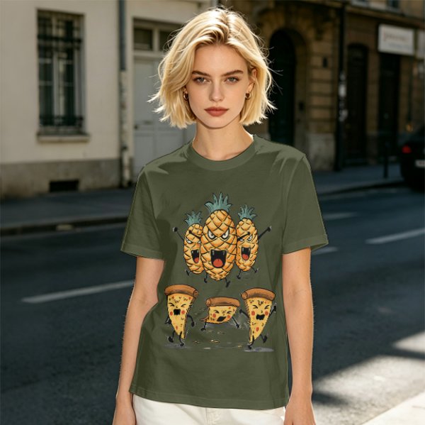 Olive T-Shirt With Angry Pineapple And Pizza Slice Cartoon Print
