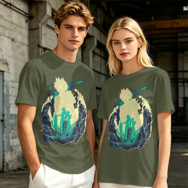 Anime Silhouette Graphic Olive Green Short Sleeve T-Shirt