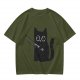 Olive T-Shirt With Cute Black Cat Holding Knife Graphic