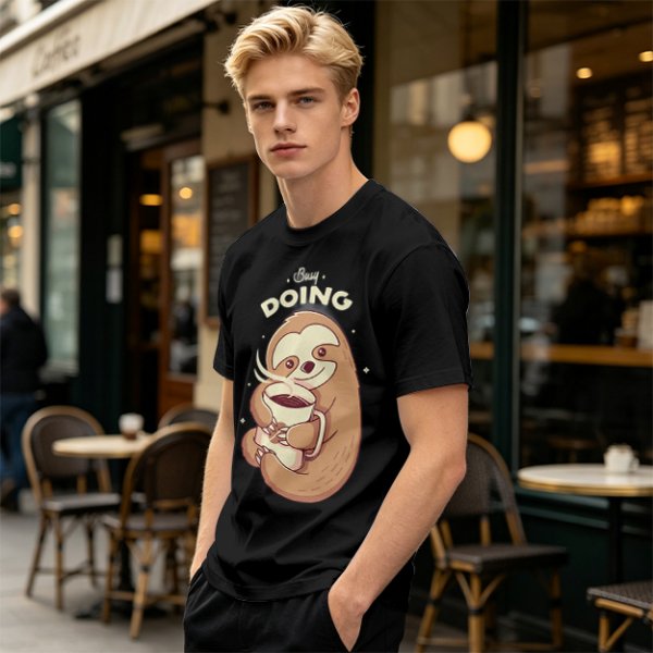 Olive green sloth t-shirt with 'Busy Doing' coffee graphic