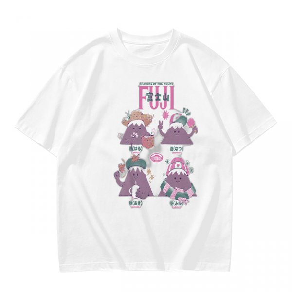 Olive green t-shirt with playful Mount Fuji character graphic print