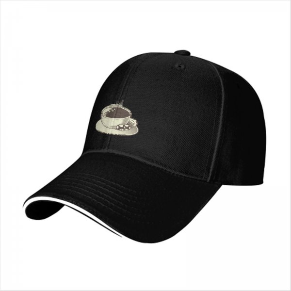 Black Baseball Cap With Coffee Cup And Cookies Graphic
