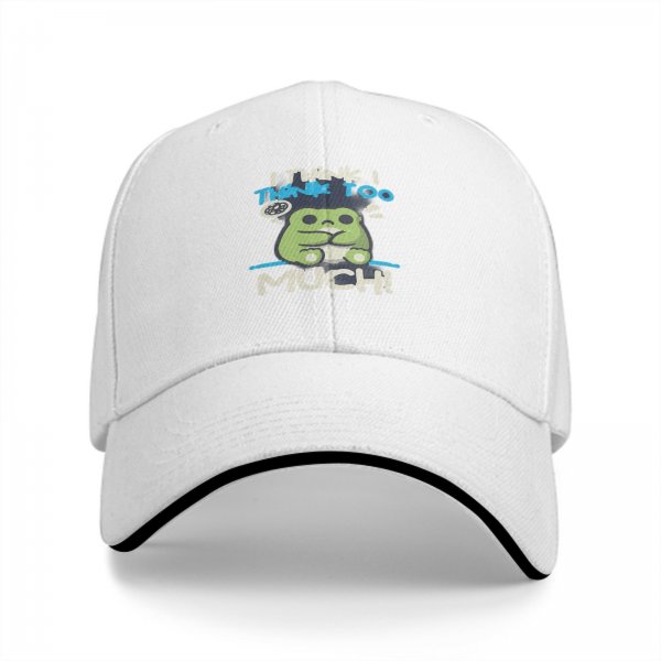 Black baseball cap with 'I think I think too much' anxious frog graphic