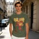 Olive green t-shirt with whimsical miso character graphic print