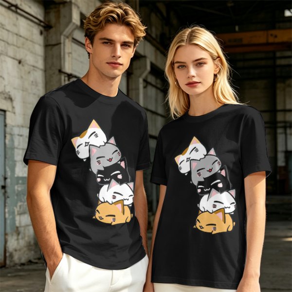 Olive T-Shirt With Stacked Cute Chibi Cats Graphic
