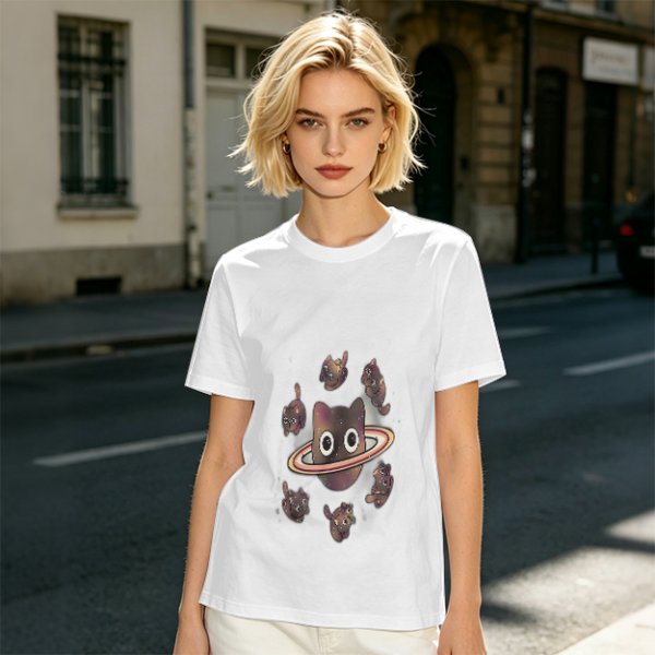 Olive T-Shirt With Saturn Cat And Kittens Space Print