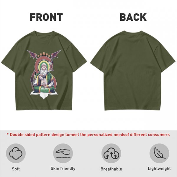 Olive T-Shirt With Meditating Wise Old Man And Dragon Art Print