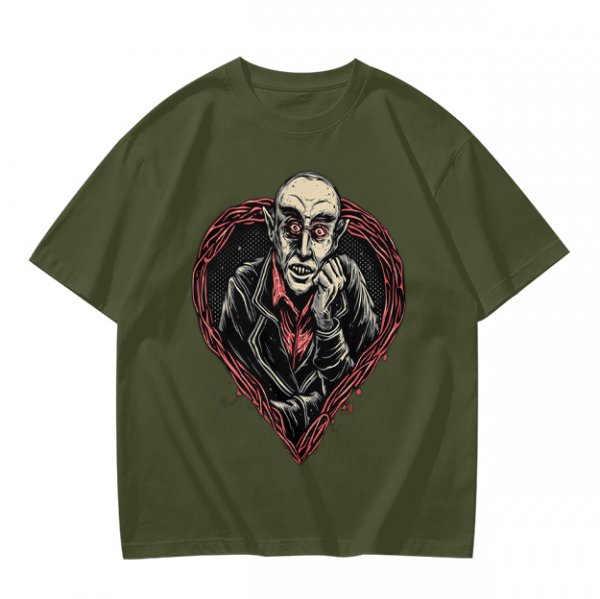 Olive T-shirt with Nosferatu Vampire in Red Heart Frame
