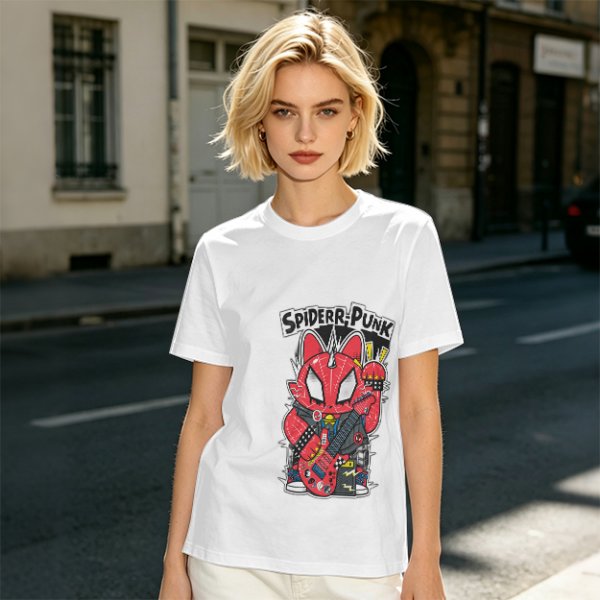 Olive T-shirt with Spider-Punk Cat Playing Guitar Graphic