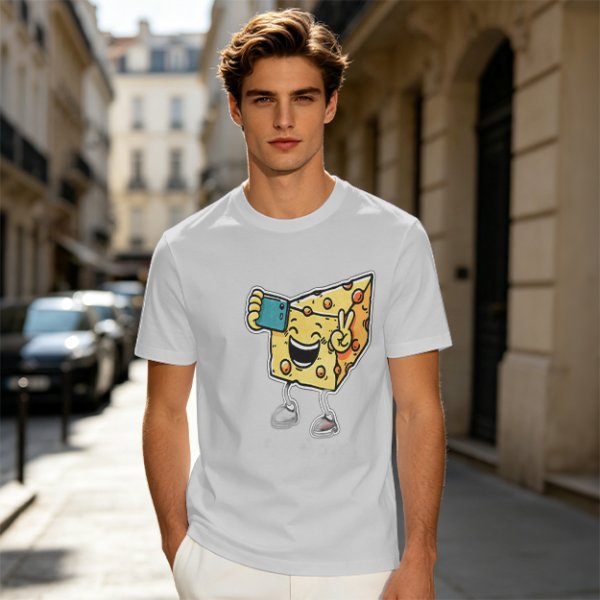 Olive T-shirt with a cartoon cheese taking a selfie and making a peace sign