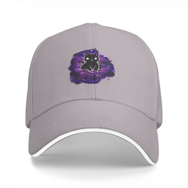 Black Baseball Cap With Purple Galaxy Cloud And Black Cat Print