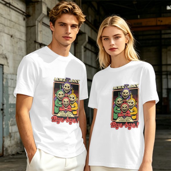 Olive t-shirt with creepy Teletubbies 'Always Say Bye-bye' print