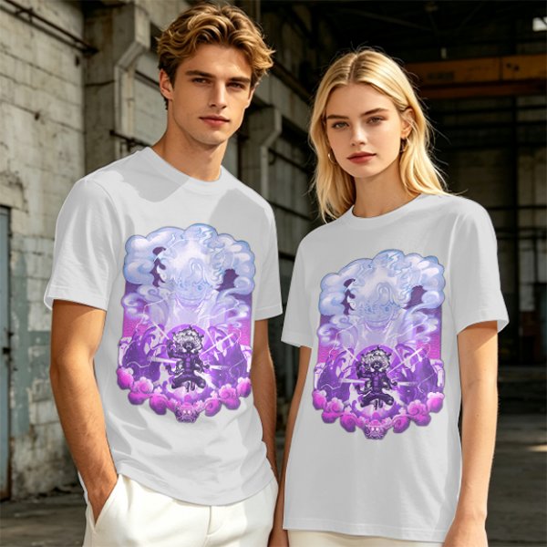 Olive T-shirt with Luffy Gear 5 Sun God Nika Anime Graphic Print
