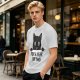 Olive graphic t-shirt with black cat holding 'for a year or two' text