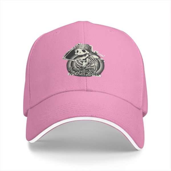 Black baseball cap with stressed skeleton graphic and crisis quote