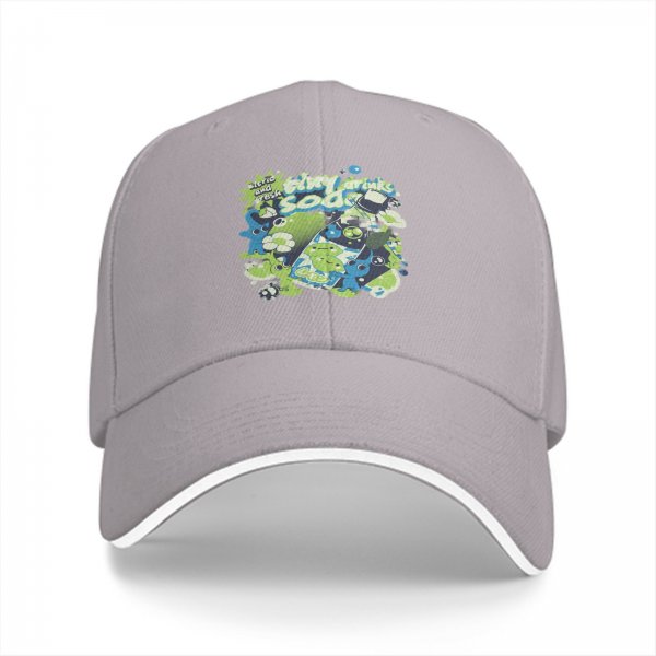 Black baseball cap with tiny drinks soda and alien graphic print