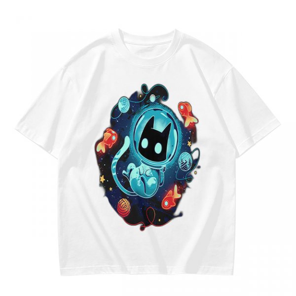 Olive t-shirt with space astronaut cat and goldfish graphic