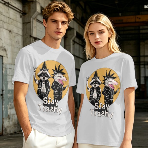 Olive graphic tee with punk raccoon and opossum 'Stay Trashy' print