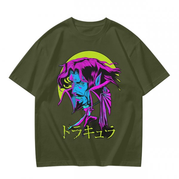 Olive t-shirt with neon vampire Dracula graphic and Japanese text