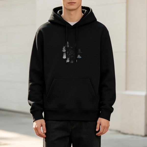 Black Hoodie With Subtle Snowman And Mystical Circular Graphic Print