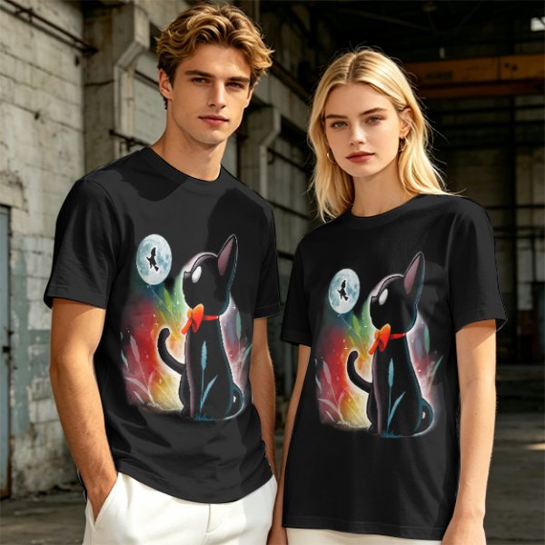 Olive T-shirt with black cat watching moon witch silhouette print