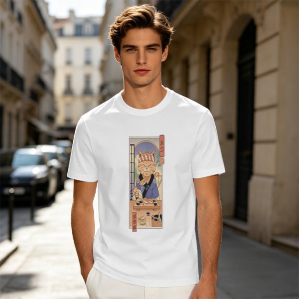 Olive T-Shirt with Japanese Style Sushi Chef Cat Print