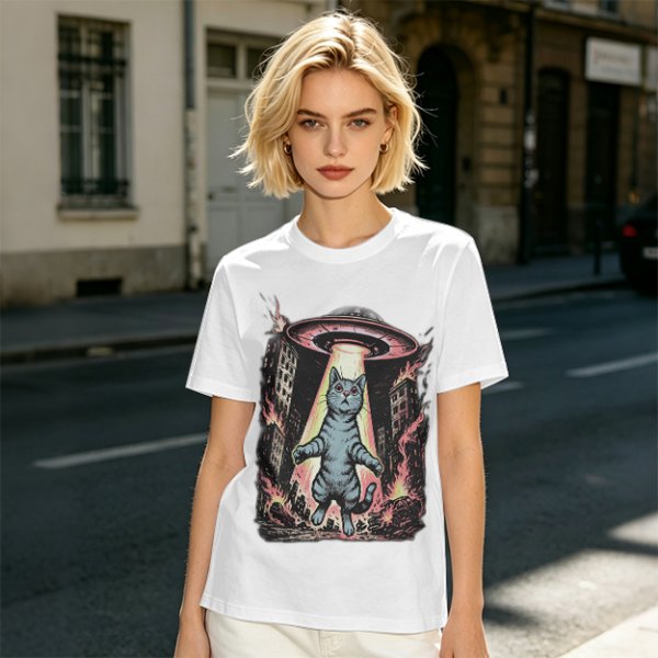Olive T-Shirt with UFO Abducting Cat Over Burning City