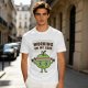 Olive green t-shirt with cartoon apple lifting dumbbells and 'Working on my core' text