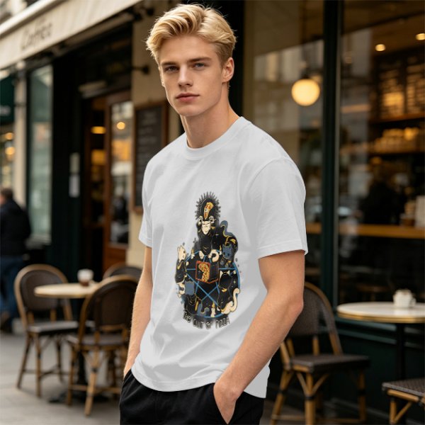 Olive Graphic T-Shirt With The Cult Of Pizza Cat Occult Artwork