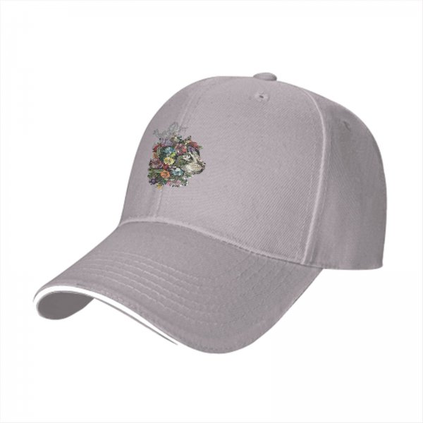 Black Baseball Cap With Floral Cat Head Art Print
