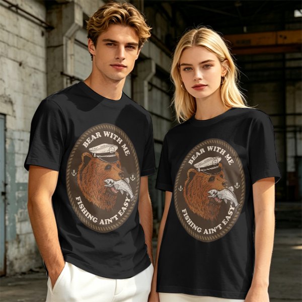 Olive t-shirt with bear captain fishing pun graphic