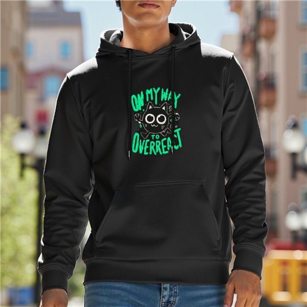 Black hoodie with 'On My Way To Overreact' cat graphic