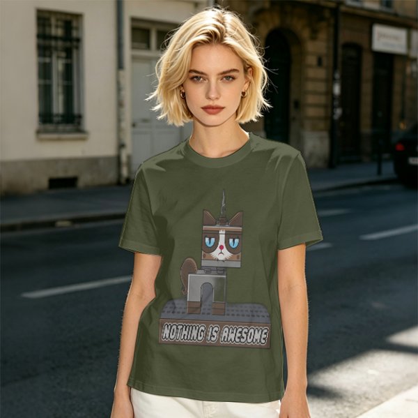 Olive T-Shirt with Grumpy Cat Lego Style 'Nothing Is Awesome' Print