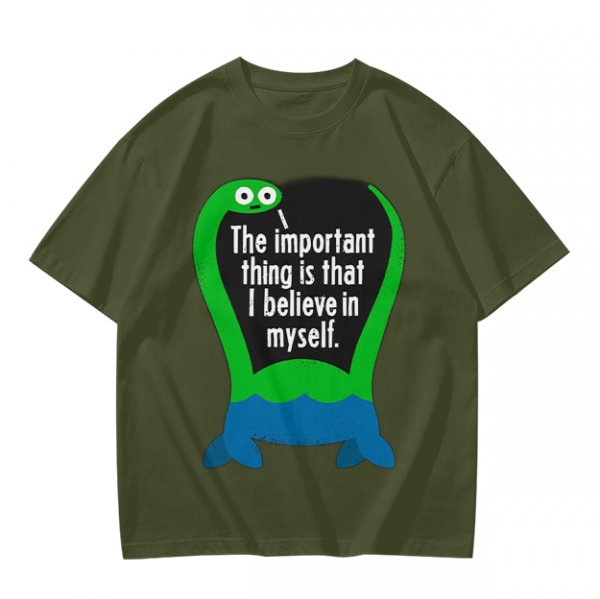 Olive T-Shirt With Dinosaur Graphic And Self Belief Text