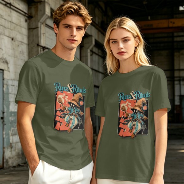 Olive Green T-Shirt With Runes & Rituals Wizard Graphic