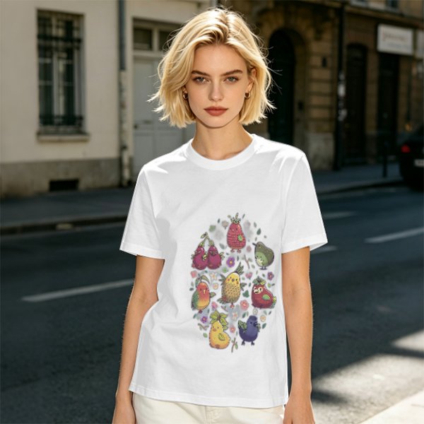 Olive Green T-Shirt With Whimsical Fruit Bird Graphic Print