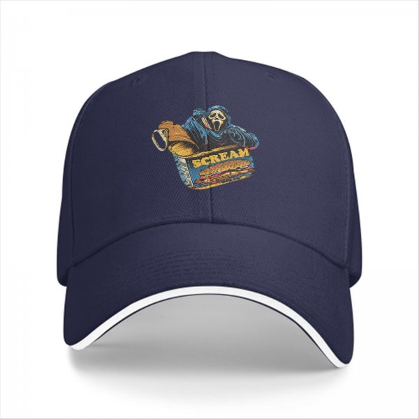 Black baseball cap with Scream Ghostface fast food themed graphic