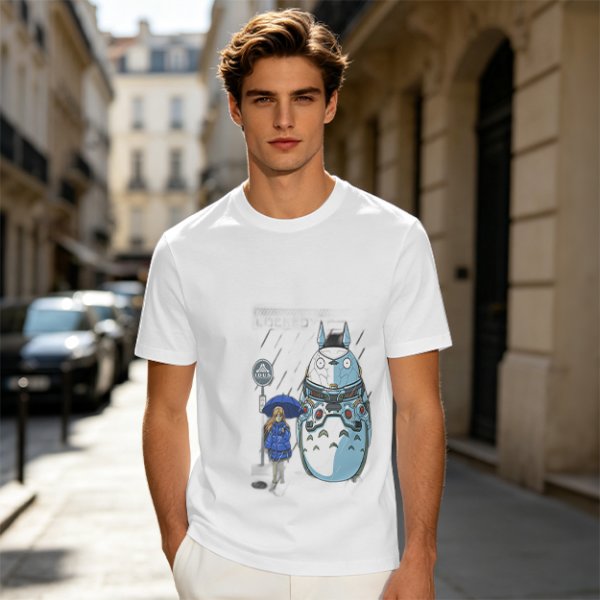 Olive T-Shirt with Mech Totoro and Girl at Bus Stop Print