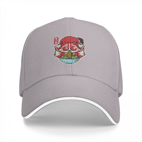 Black baseball cap with cute kitsune fox eating ramen graphic