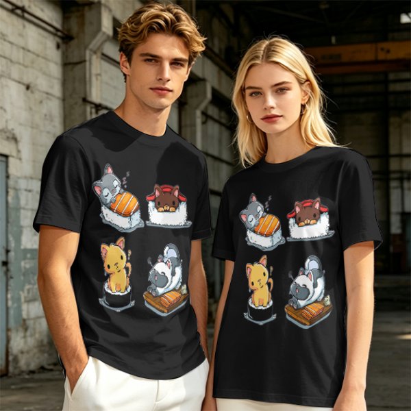 Olive T-shirt with cute cat sushi illustrations