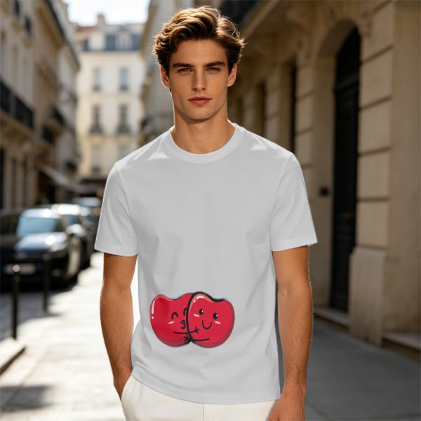 Olive green t-shirt with cute hugging red beans graphic