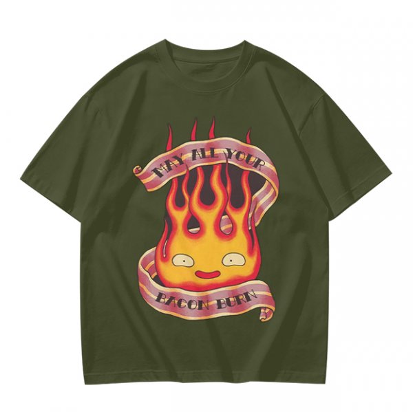 Olive T-Shirt With Calcifire Bacon Fire Graphic Print