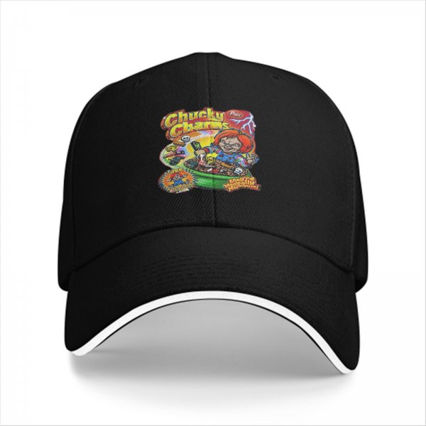 Black baseball cap with Chucky Charms horror cereal graphic