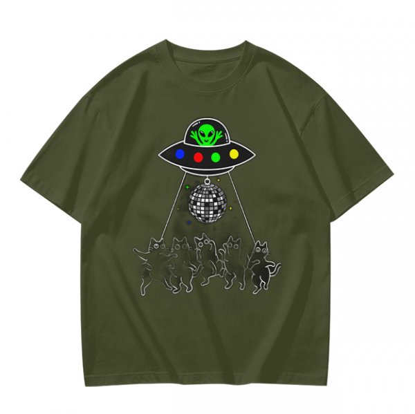 Olive T-shirt with UFO Alien and Disco Dancing Cats Print
